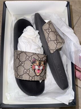 Gucci Brown GG Canvas Slides with Colorful Tiger Patch